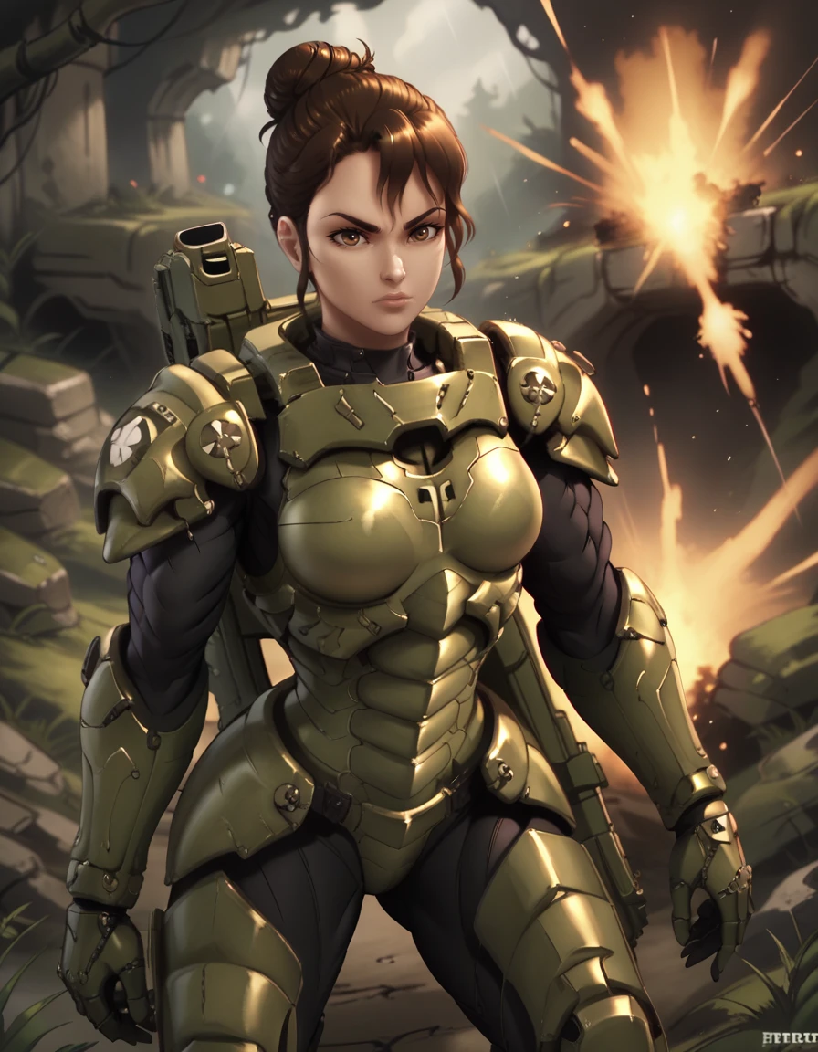 score_9, score_8_up, score_7_up, 
1girl, solo,
ssttrigdg,
brown hair, brown eyes, single hair bun, 
science fiction, armor,  gauntlets,
holding assault rifle,
forest, battle, ruins, fighting stance,  explosion,
rain,  looking at viewer,  armored boots,
 <lora:Trig SST PXL v01-000003:0.90>