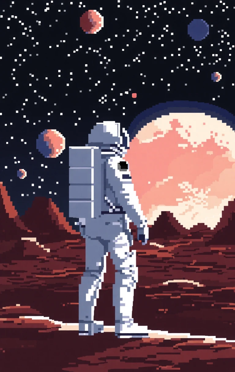 pixel art shows an astronaut standing on the surface of a planet. The astronaut is wearing a white spacesuit with a helmet and a backpack on his back. He is facing towards the right side of the image and appears to be looking towards the left side. In the background, there is a large planet with a pinkish-orange hue, which is surrounded by stars and planets. The planet appears to have a rocky surface and is illuminated by a bright light. The sky is dark and starry, suggesting that the image was taken at night.