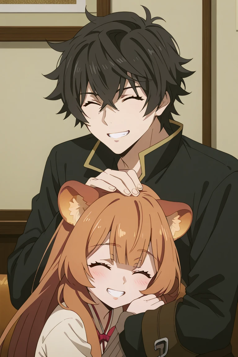 score_9, score_8_up, score_7_up, source_anime, rating_safe, NaofumiSH, black_Naofumi_hair, 1boy, couple focus, raphtalia, brown-yellow_Raphtalia_raccoon ears, 1girl, female child, anime screencap, closed eyes, teeth, headpat, wide smile, siblings, cute wallpaper