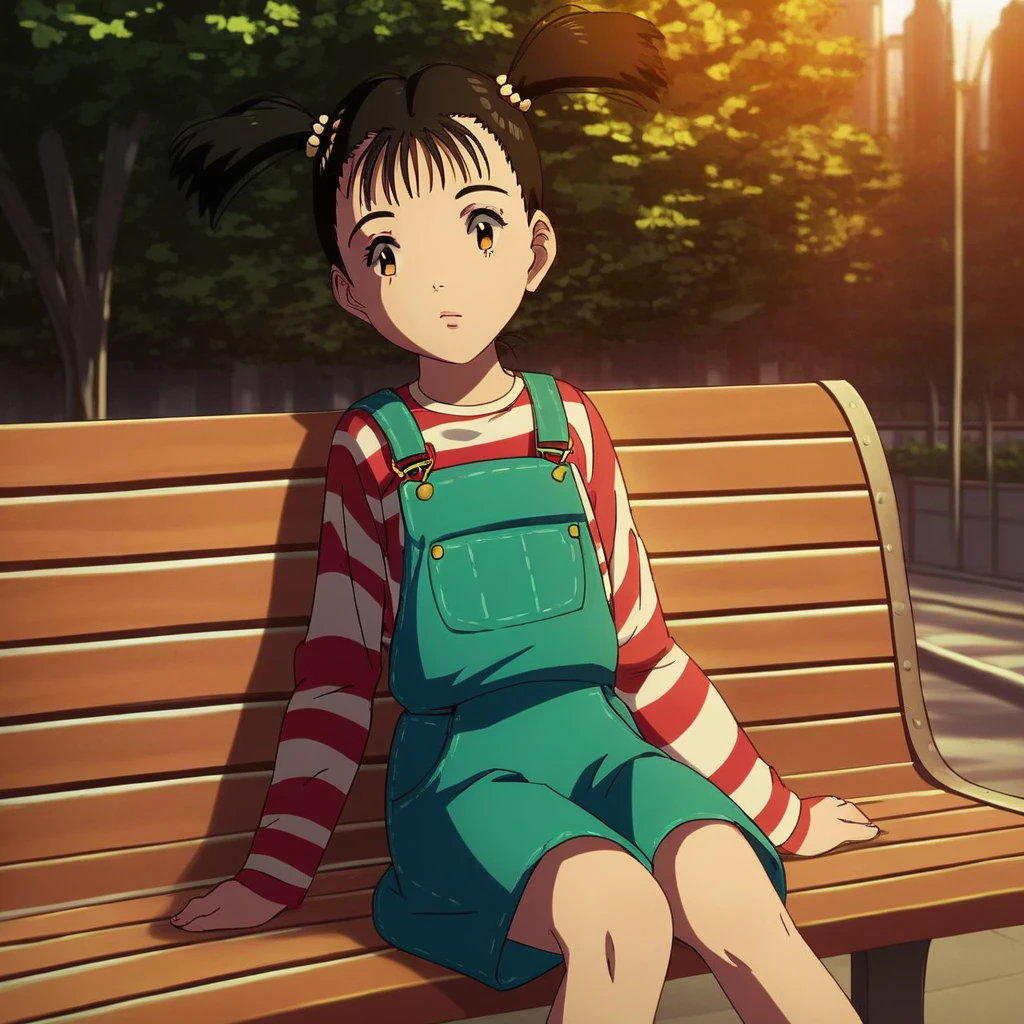 score_9, solo, uran_pluto, twintails, black hair, brown eyes, striped shirt, overalls, skirt, cute, sitting, park bench, natural lighting