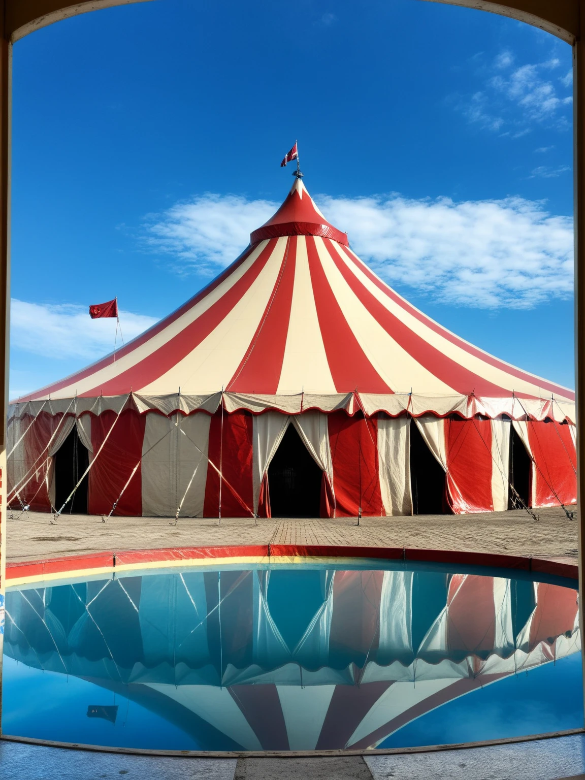 <lora:JJsCircusTent_XL:1> ,((Circus Tent)), ((outdoors)) , blue sky, window,   subject,  sky, day, cloud, water,  real world location, realistic,