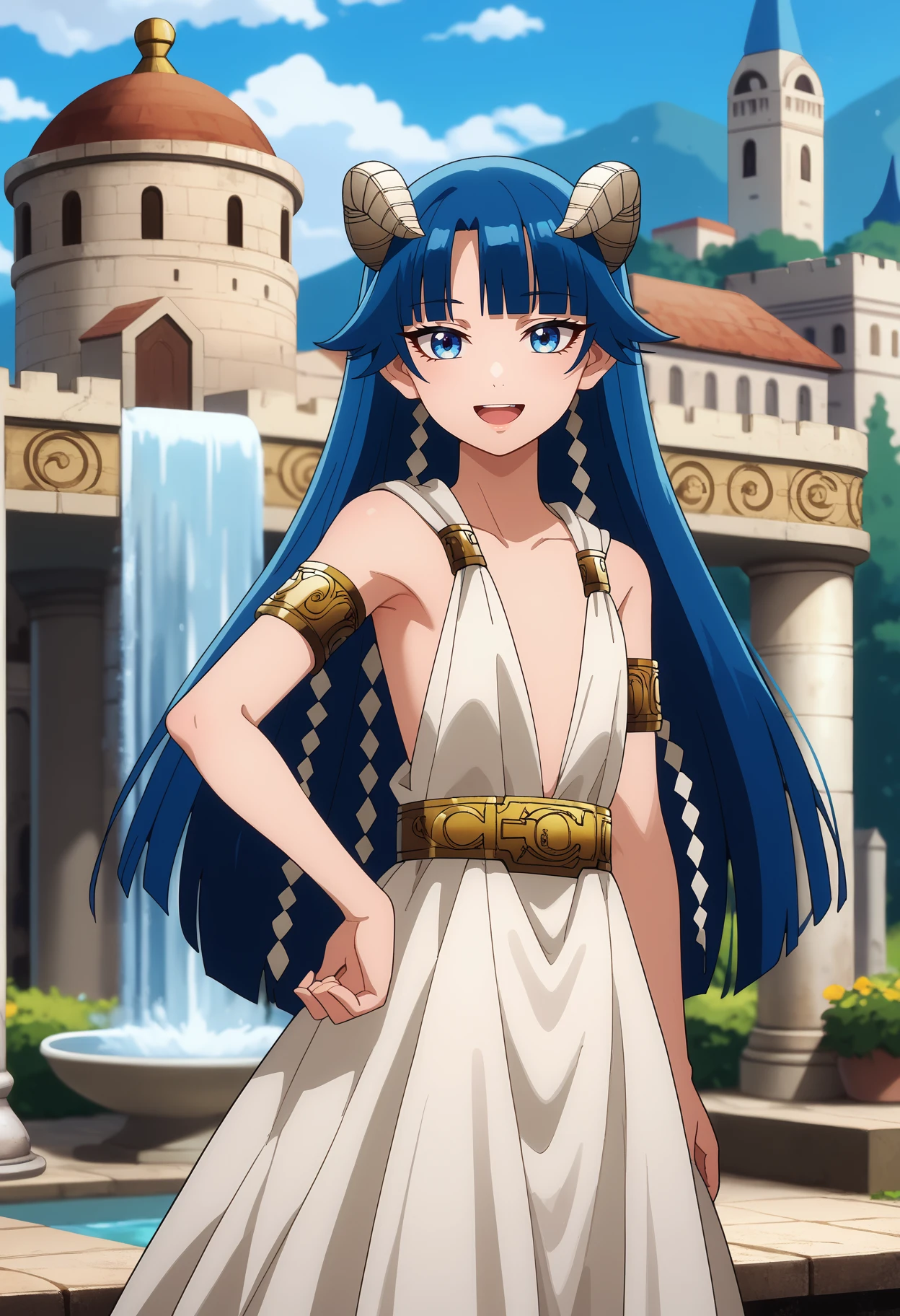 score_9, score_8_up,
<lora:KekkonYubiwaMonogatari_SaphirMaasaXL:0.8>,
1girl, solo, open mouth, light smile,
very long hair, blue hair, blue eyes, hair tubes, blunt bangs, horns,
SaphirMaasa, ancient greek clothes, flat chest, sleeveless dress, white dress, armlet, belt,
standing, looking at viewer, hand on own hip,
blurry background, castle, outdoors, fountain