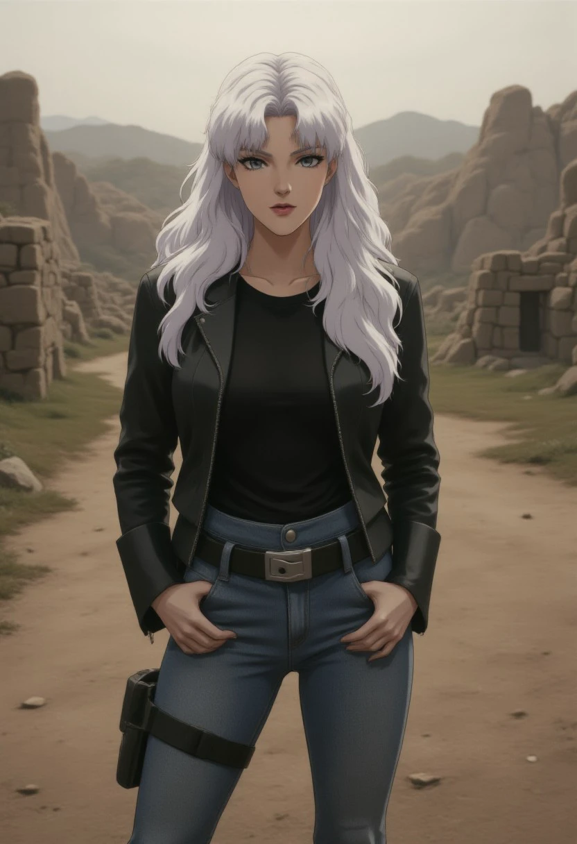 Ifurita, a realistic photo of beautiful Ifurita with long white hair wearing a black leather jacket and jeans with cowgirl boots posing for the camera durring the day. depth of focus, perfect body, clothes focus, detailed cloth, fit