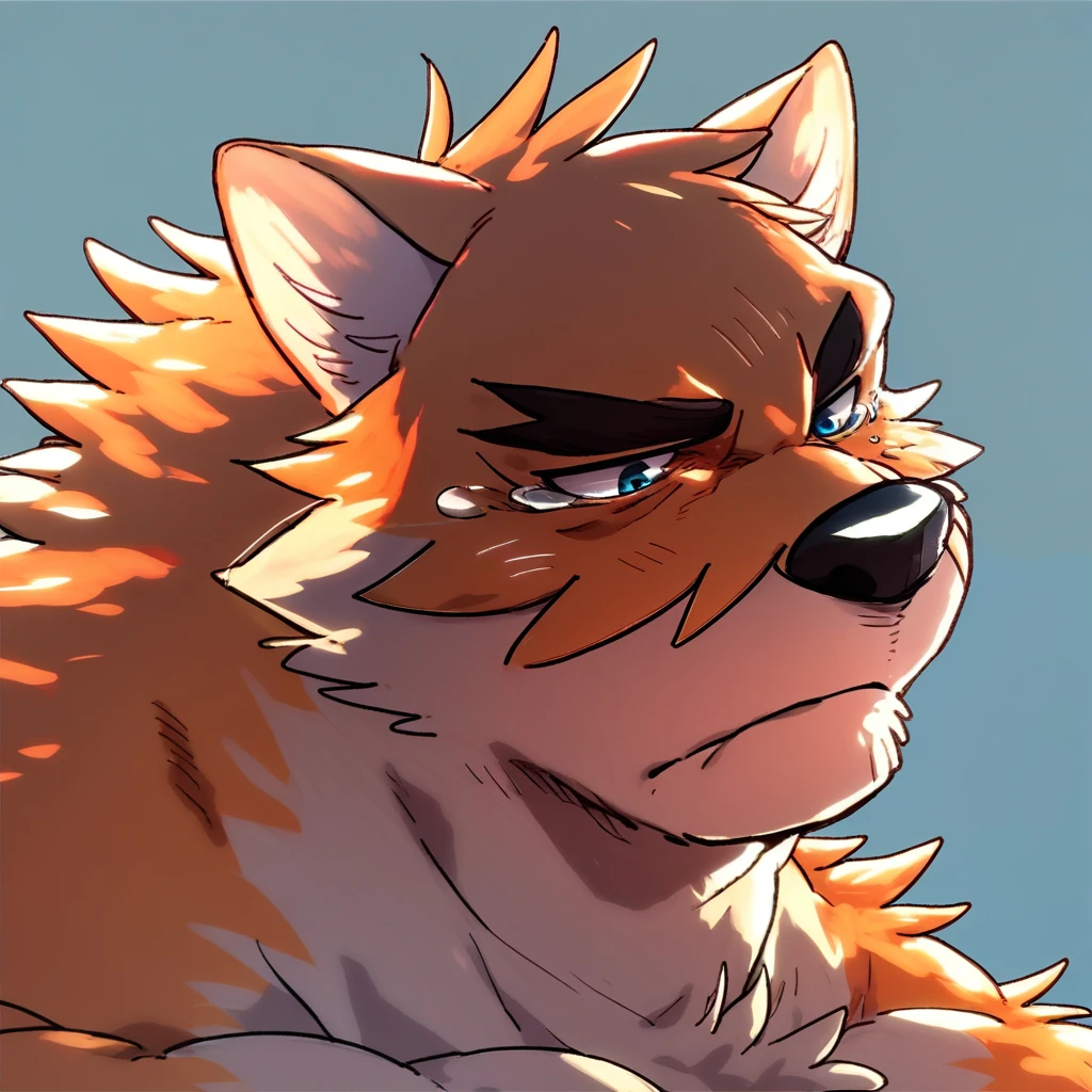 score_9_up, score_8_up, score_7_up, source_furry, takemoto_arashi-otake, furry male, solo, 1boy, orange fur, muscular, blue eyes, sad, cry,