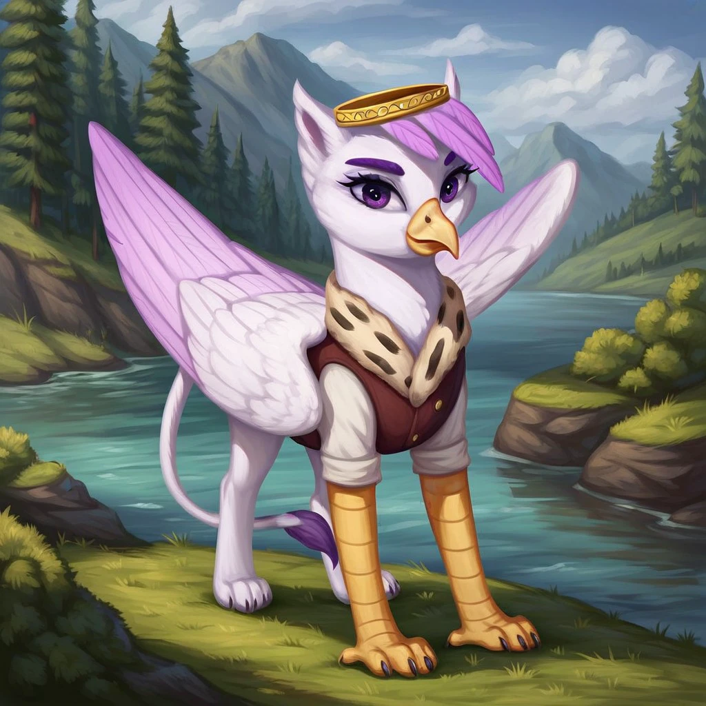 masterpiece, score_9_up, score_8_up, score_7_up, score_6_up, (best quality:1.2), ultra-detailed, high resolution, solo, Taillow Sumpfkiel, countess, griffon, griffon oc, avian, feral, female, (((beautiful detailed purple eyes))), long eyelashes, purple eyebrows, yelow beak, wings, closed mouth, smile, white feathers, feathery ears, pink feather hair, modest gold crown, detailed facial features, full body, standing, expressiveh, highly visible, sharp focus, anatomically correct, detailed background, outside, outdoors, spruce forest in the background, river with a rocky outcrop