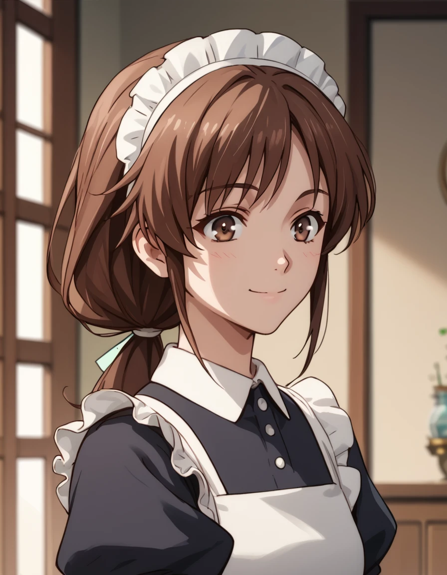 Lytt, long hair, brown hair, brown eyes, ponytail, maid, score_9, score_8_up, score_7_up, score_6_up, score_5_up, score_4_up, source_anime  <lora:LandofLeadale:1> soft smile, portrait