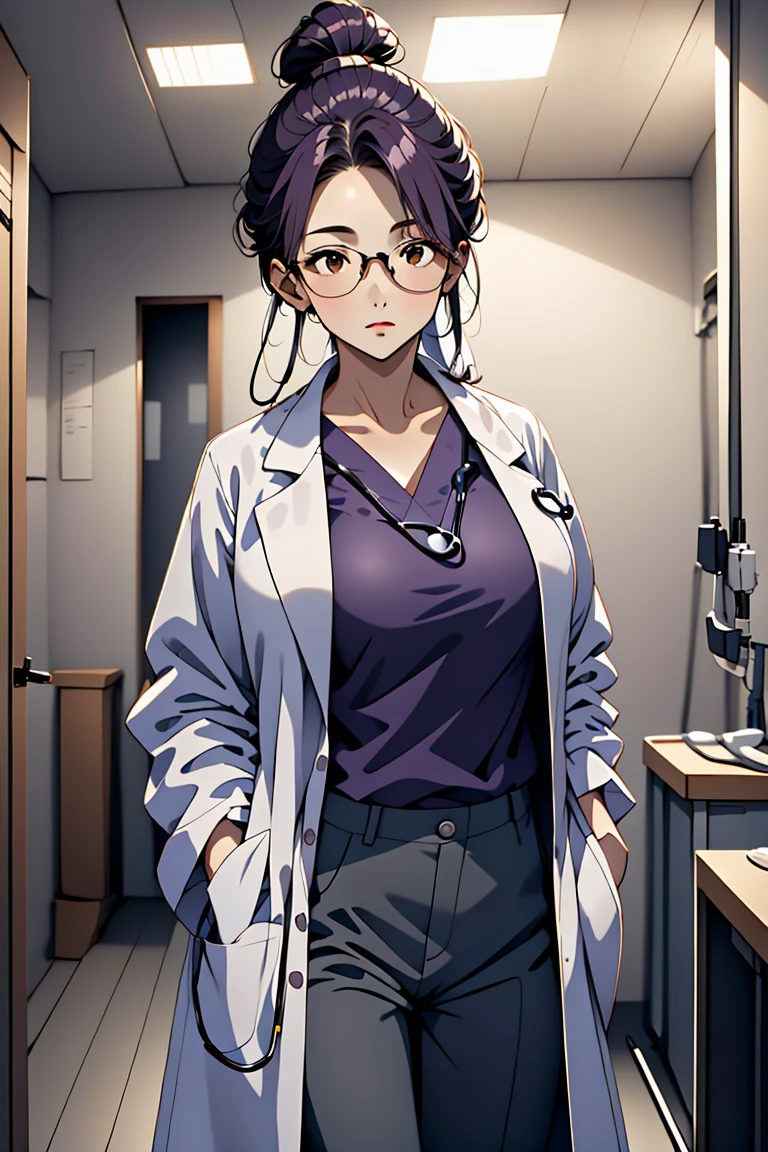 (RAW photo, best quality,facing the viewer,from front), operating room, overhead surgical light,blurred background, focused, dithering,backlighting,
 <lora:CMC_Katherine_Moretti_V1.0:0.9> cmc924, katherine moretti, 1girl, solo,dark purple hair, single hair bun, brown eyes,long hair,
 <lora:Doctor_Uniform_V2.0:0.8> doctor_traditionalcoat, 1girl, solo, shirt, pants, labcoat, doctor, stethoscope, looking at viewer, hands in pockets,