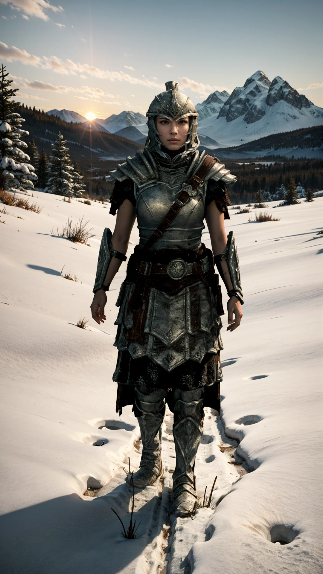 1girl,solo,beauty,armor,helmet,bracer,boots,looking at viewer,sunset,snow,grass,mountain,full body,((realistic)),Highly detailed,(ultra-detailed),(best quality,masterpiece:1.5),<lora:The Elder Scrolls V Skyrim-Empire Armor:0.7>,