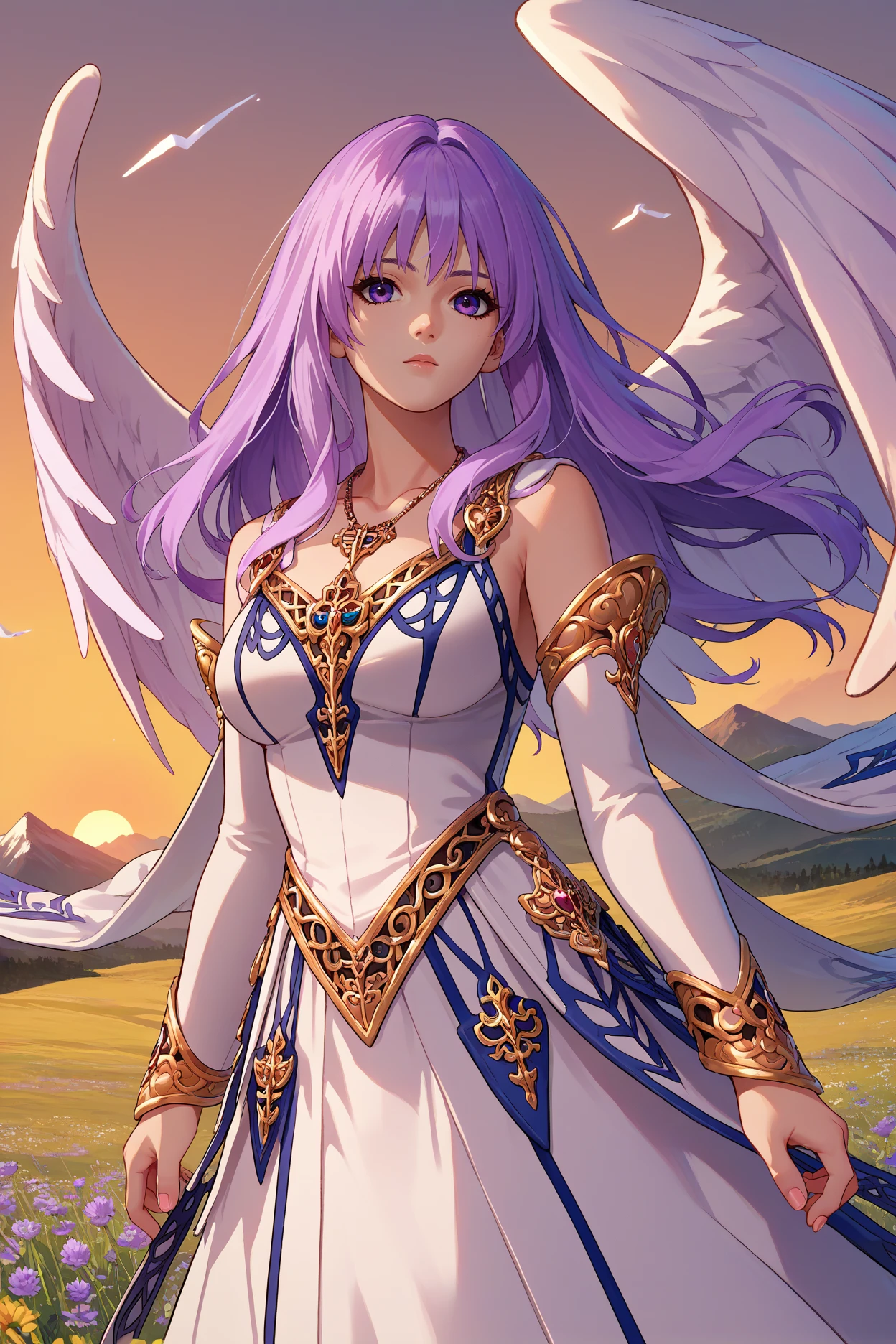 score_9, score_8_up, score_7_up, score_6_up, source_anime, 1girl, solo,  <lora:ysreah-pdxl-nvwls-v1-000005:1> angelReah, lavender hair, long hair, purple eyes, angel wings, white dress, detached sleeves, necklace, big breasts, sunset, mountains, wide shot, field, looking at you