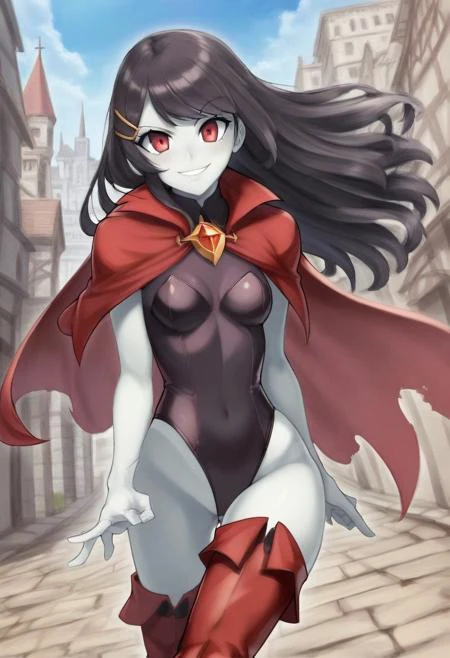 Sickle_20s, small smile, dynamic pose, pale skin, red boots, solid leotard, cape, 1girl, solo, day, city