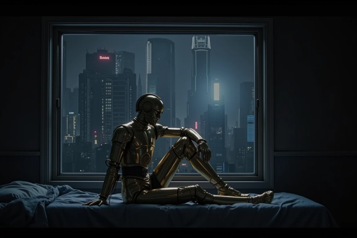 c3po, sitting on a bed by the koukaku window, knee up, look out the wide window, dark, close up shot