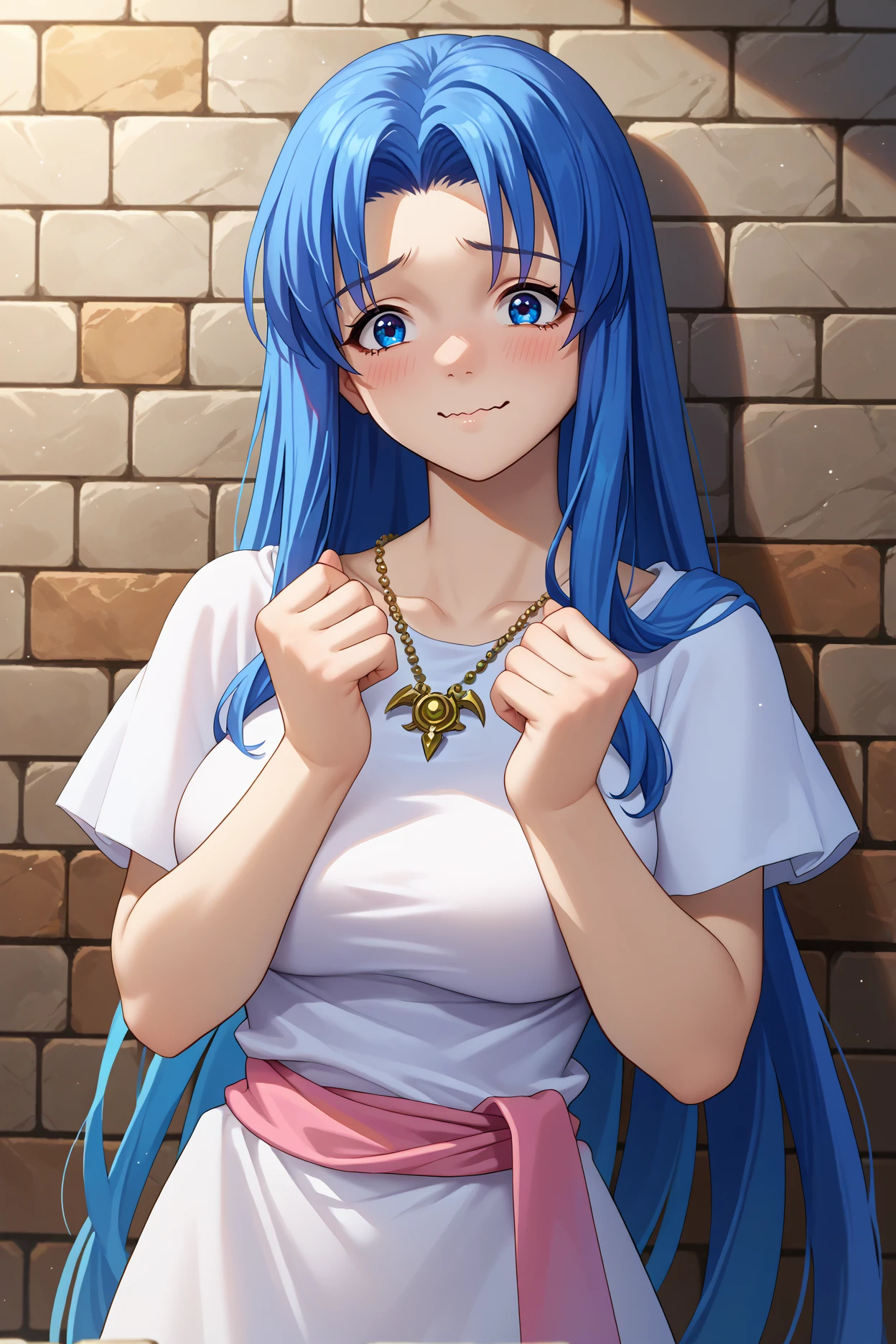 score_9, score_8_up, score_7_up, score_6_up, source_anime, 1girl, solo,  <lora:ysfeena-pdxl-nvwls-v1-000004:1> ysFeena, blue hair, very long hair, blue eyes, necklace, white robes, short sleeves, pink sash, big breasts, stone wall, nervous, smile, wavy mouth, hands up, standing, back against wall, dungeon, looking at you, upper body