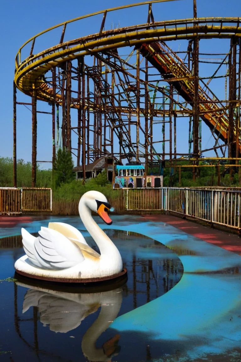 <lora:JJsAbandonedThemepark_XL:1>,((Abandoned Themepark)), outdoor,  subject,  rusted metal , water, moss, wood, concrete, oil painting, wet floor,   blue sky, no humans, grass, ground vehicle, scenery, field, railroad tracks, ferris wheel, swan boat, moss, overgrown, science fiction, realistic,  door, gate, fense, subject, road, pool., animal statue, traditional media, nature, scenery, forest, reflection,  real world location, center composition, cartoon statue,roller coaster,