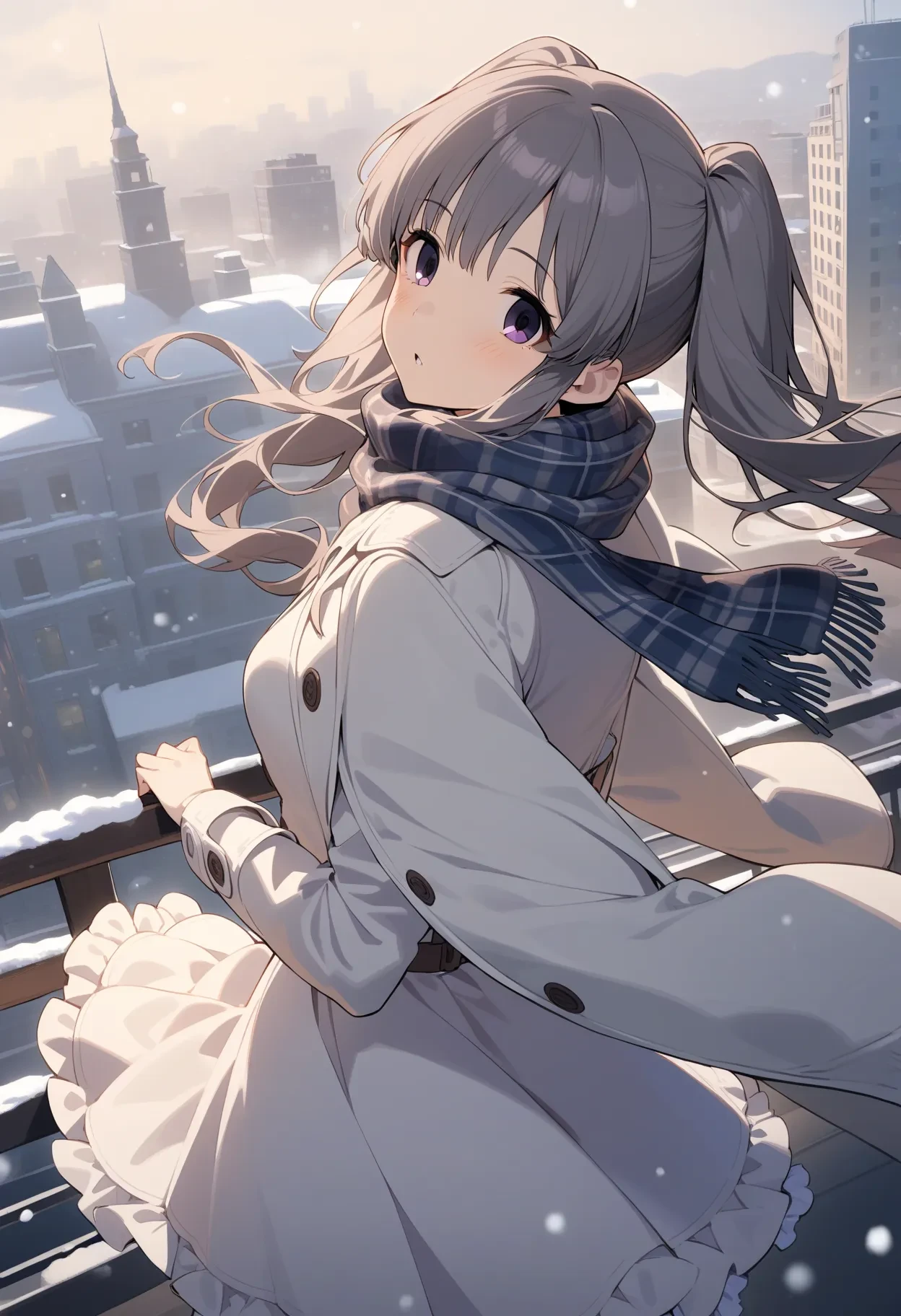 k_yukoku,
1girl, solo, twintails, grey hair, scarf, purple eyes, looking at viewer, outdoors, long hair, looking back, snowing, dress, coat, white coat, plaid scarf, frills, long sleeves, building, blush, plaid, snow, jacket, cityscape, wind, jacket on shoulders, frilled dress, white dress, bangs, parted lips, dutch angle, sky, from behind,
masterpiece, best quality, very aesthetic, absurdres
<lora:k_yukokuXL_animagine:1>