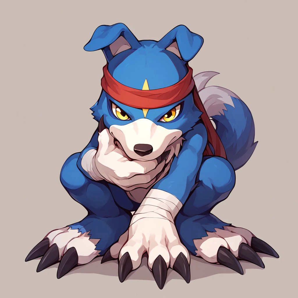 source_anime, cartoon, gaomon (character), digimon (creature), dog boy, blue body, (bare hands), yellow eyes, anthro, score_9, score_8, score_7_up, score_6_up, solo, squatting, full body, 4 fingers, (claws), bandages, hand under chin, headband, support chin with one hand,