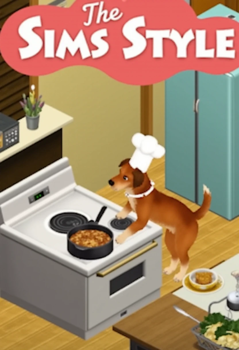 <WARNING: DON'T REMIX THIS WITHOUT SETTING THE STRENGTH TO A LOWER VALUE: RECOMMENDED 1.0 - 1.3>
simsstyle, a dog cooking food on the stove, wearing a chef hat. low poly. Title text overlay: "The Sims Style" <lora:The_Sims_1_Style_F1D:1.7>