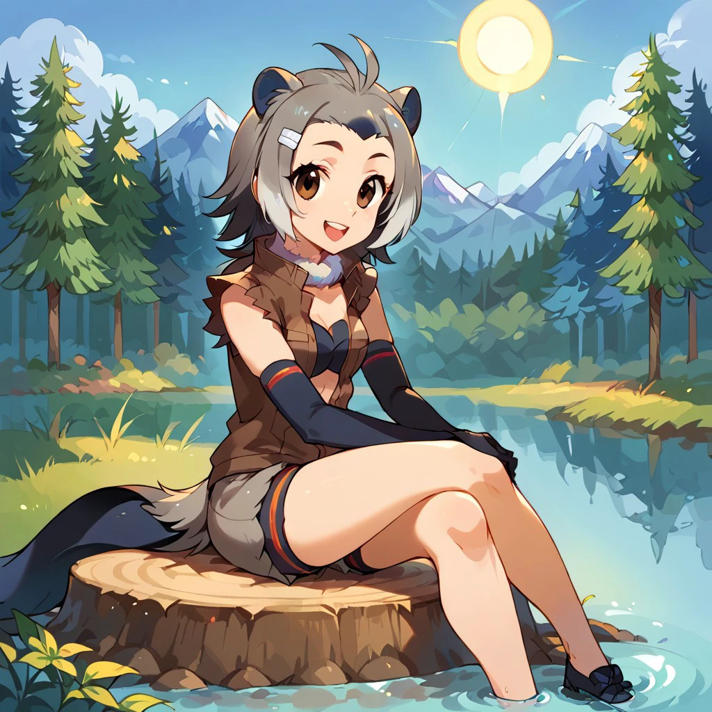 1girl, ((solo)), best quality, ultra-detailed, extremely detailed, perfect anatomy, masterpiece, score_9, score_8_up, score_7_up, american beaver (kemono friends), animal ears, brown eyes, tail, grey hair, antenna hair, multicolored hair, short hair, hairclip, elbow gloves, black gloves, brown jacket, open jacket, sleeveless, fur collar, shorts, bikini top, shoes, outdoors, lake in a forest clearing background, blue skies, sun shining in, lake, forest clearing, blue skies, sunny day, sitting on a tree stump, clearing, pristine water, feet in water, sitting, open mouth smile, happy, looking at viewer, arms at sides,