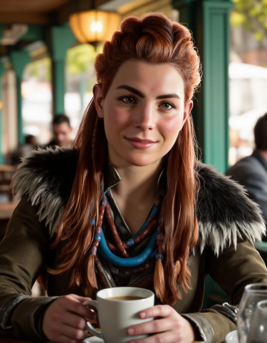 A photo realistic picture of aloy with light makeup, wearing her nora armor with beaded necklaces, enjoying herself in a cafe, having a coffee, smirk. film camera, film grain, (art by mooncryptowow), shot on 50mm lens at f/2.8 aperture, bokeh,
<lora:Aloy_Forbidden_West:1><lora:detail_enhancer_flux_v1:.65>