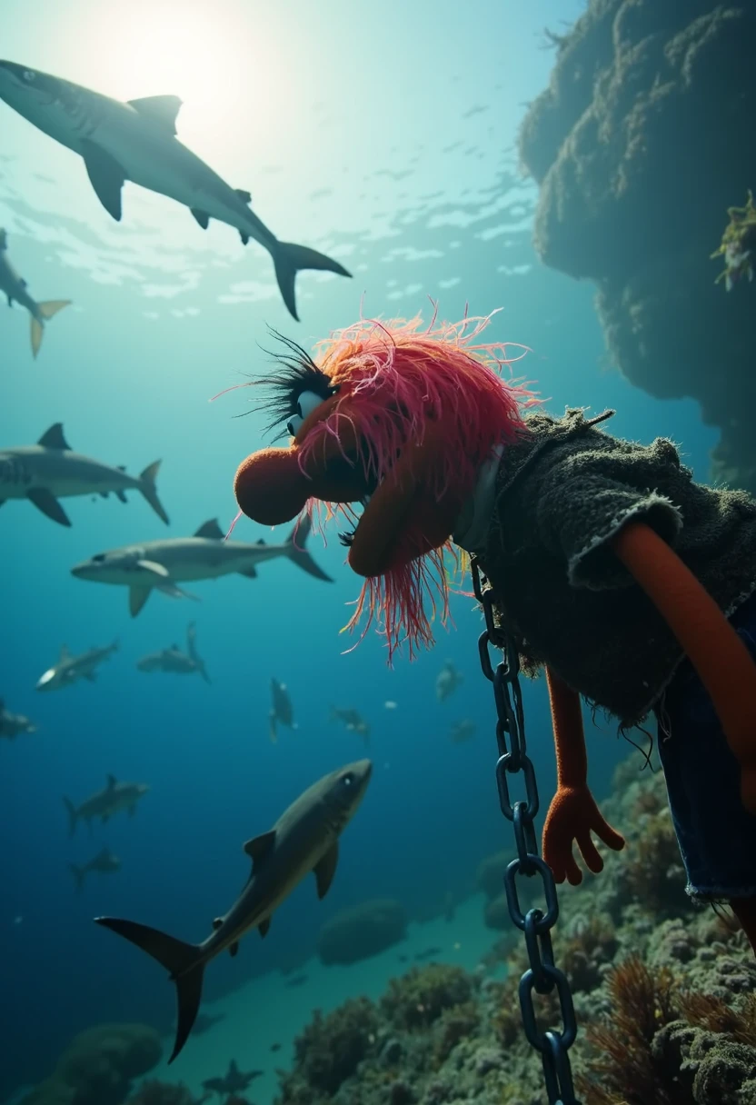 low angle shot of animal muppet chained to the ocean floor, sharks and other fish swimming around him, sun rays, cinematic lighting, bokeh