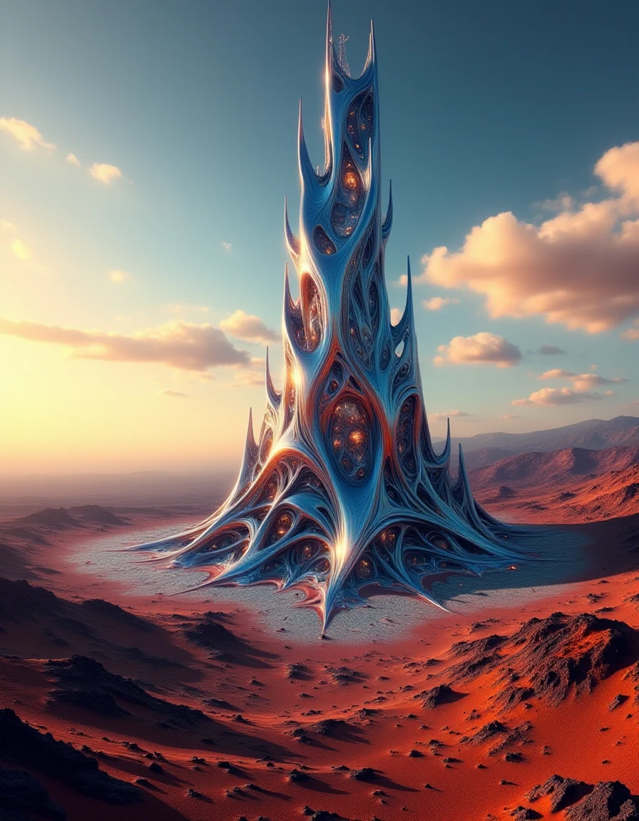 alienzkin, space building, space mission, outdoors, sky, no humans, scenery, sunset, mountain, fantasy, desert <lora:alienzkin:1>