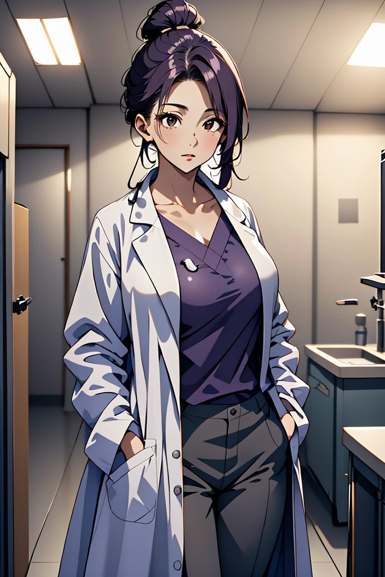 (RAW photo, best quality,facing the viewer,from front), operating room, overhead surgical light,blurred background, focused, dithering,backlighting,
 <lora:CMC_Katherine_Moretti_V1.0:0.9> cmc924, katherine moretti, 1girl, solo,dark purple hair, single hair bun, brown eyes,long hair,
 <lora:Doctor_Uniform_V2.0:0.8> doctor_traditionalcoat, 1girl, solo, shirt, pants, labcoat, doctor, stethoscope, looking at viewer, hands in pockets,