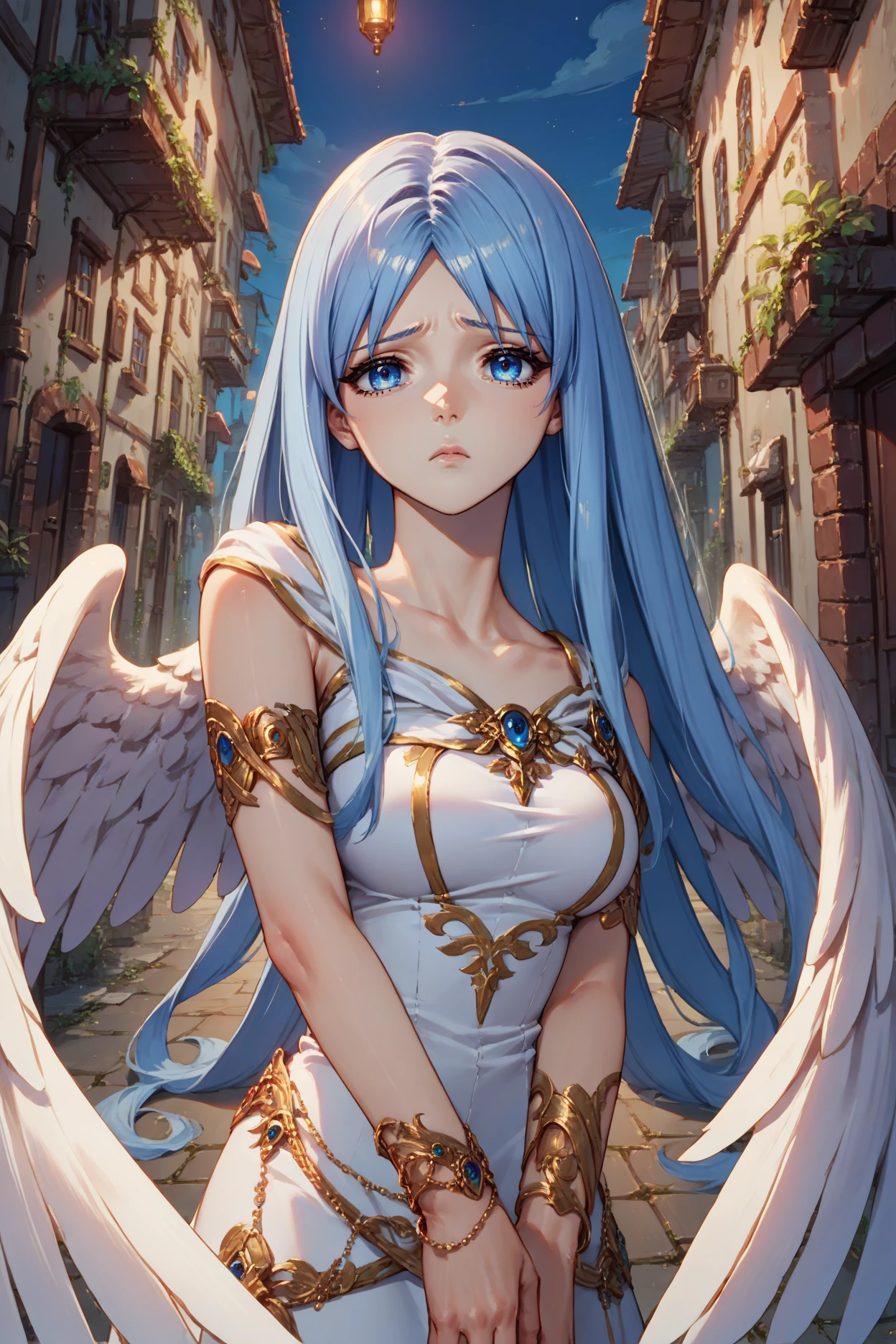 score_9, score_8_up, score_7_up, score_6_up, source_anime, 1girl, solo,  <lora:ysfeena-pdxl-nvwls-v1-000004:1> angelFeena, light blue hair, very long hair, blue eyes, angel wings, white dress, armlet, bracelet, big breasts, alleyway, village, night, looking at you, sad