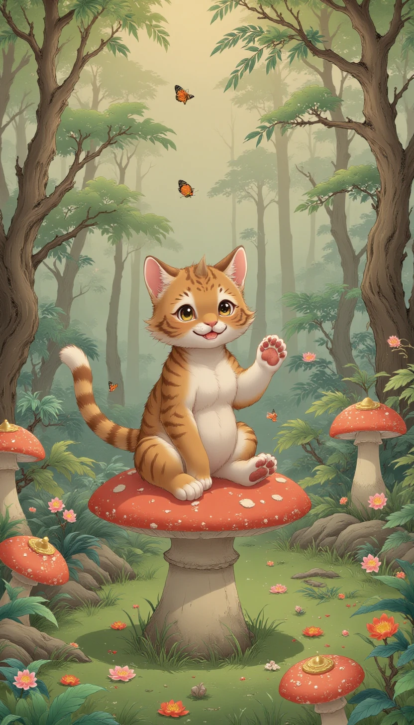 p1nktrad1t10nalch1n3s3styl3,a cat sitting on a toadstool in a forest, looking happy