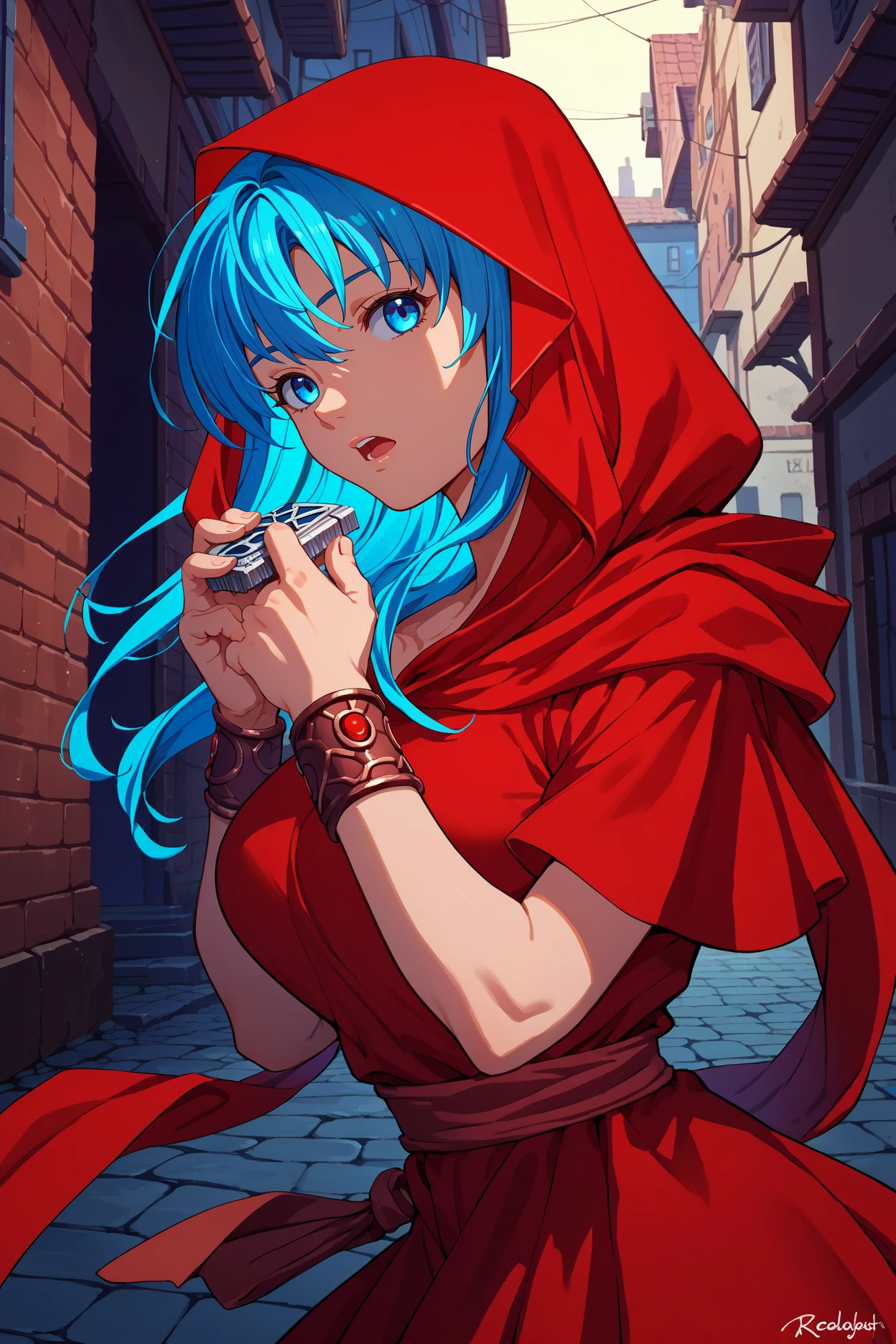 score_9, score_8_up, score_7_up, score_6_up, source_anime, 1girl, solo,  <lora:ysreah-pdxl-nvwls-v1-000005:1> reah, blue hair, long hair, blue eyes, red scarf, red cloak, red dress, bracelet, hood up, from side, looking at you, alleyway, big breasts, open mouth, night