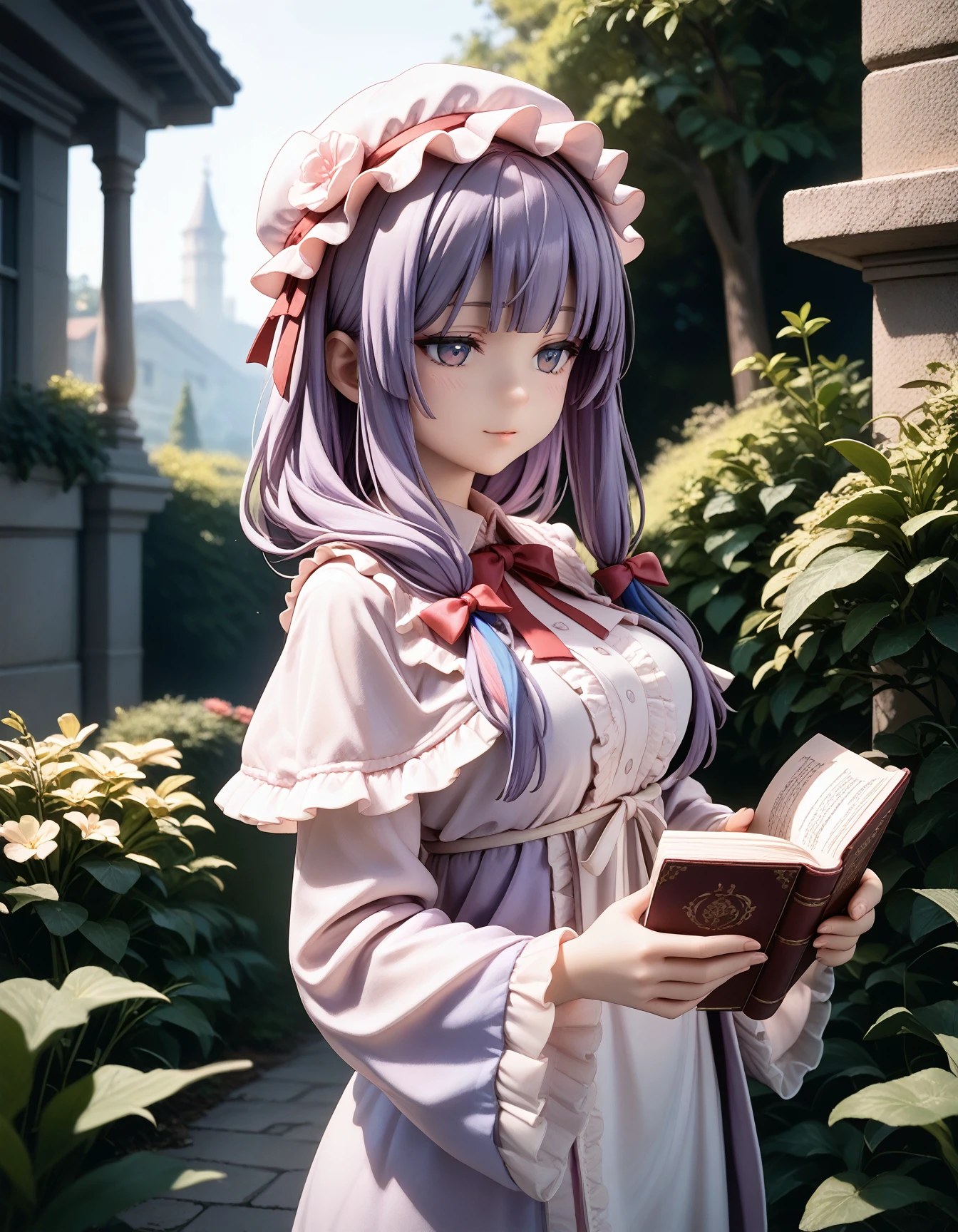masterpiece,best_quality,
BREAK
1girl,
patchouli_knowledge,
frilled_hat,
frilled_capelet,
half-closed_eyes,
holding_book,
upper_body,
outdoors