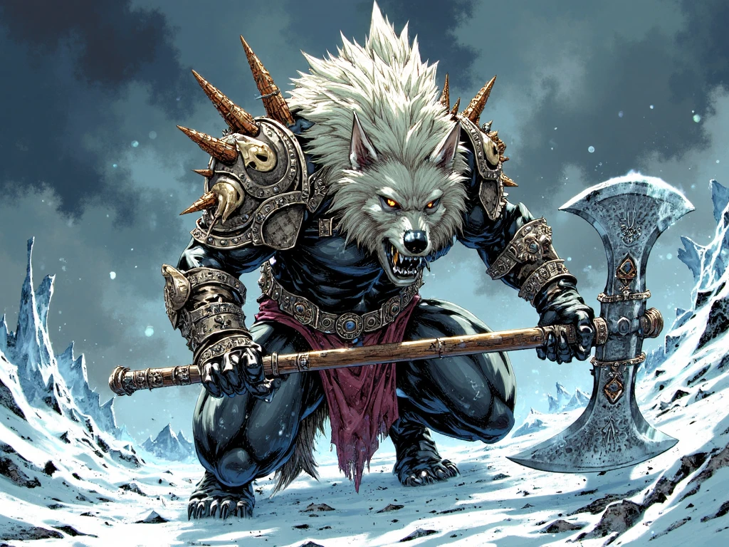 kaelngu style, comicbook illustration, vivid fantasy-themed artwork featuring a menacing werewolf creature in a snowy icy environment. The creature is adorned in intricately designed armor in shades of black and silver with ornate patterns and symbols and bone-like structure. Shoulder pads with massive horned animal skulls, It wields large icy-looking battle axe and poised in a defensive stance ready for combat. The wolf's fur is a mix of white and gray and its eyes glow with a fierce intensity. The background is a blend of cool blues and whites with jagged ice formations and a cloudy sky suggesting a cold possibly winter setting, <lora:SXZ_Kael_Ngu_Flux:1>