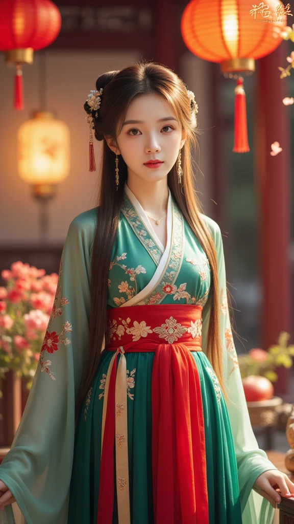 1qqq,realistic,best quality,masterpiece,highres,(exquisite body:1.5),gorgeous face,(milky skin:1.3),intricate details,high resolution,wallpaper,1girl,solo,dress,hair ornament,(((green and red dress))),flowers,long hair,brown hair,closed mouth,jewelry,long sleeves,wide sleeves,big eyes,floating hair,chinese clothes,hanfu,embroidery,long skirt,natural pose,falling petals,indoor,fanning,lantern,16K,HDR,highres,depth field,(film grain:1.1),boken,golden hour,(lens flare),vignette,rainbowing,(color grading:1.5),(large breasts:1.2),upper body,