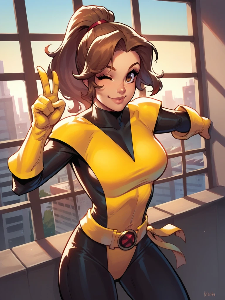 score_9, score_8_up, score_7_up, 1girl, one eye closed, sexy, dynamic pose, smile, cute pose, solo, detailed background, looking at viewer, wide shot, cowboy shot, (v:1.1), window, city, from above, 
 <lora:KittyPryde_character:1>, KittyPryde, brown hair, long hair, brown eyes, ponytail,  makeup, yellow bodysuit, belt, yellow gloves,