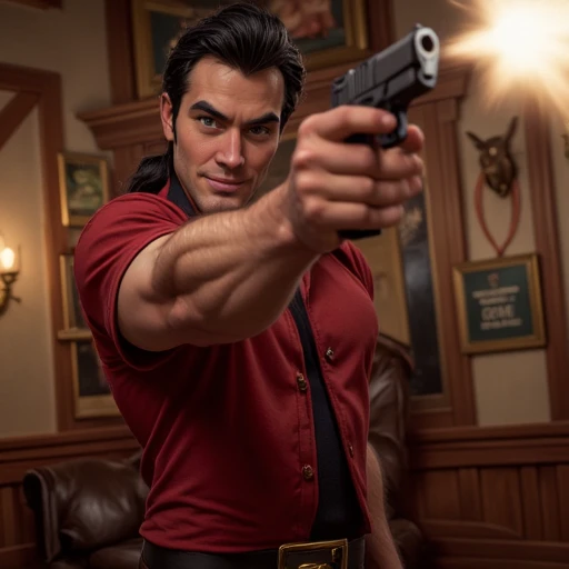 gaston aiming a pistol at the viewer