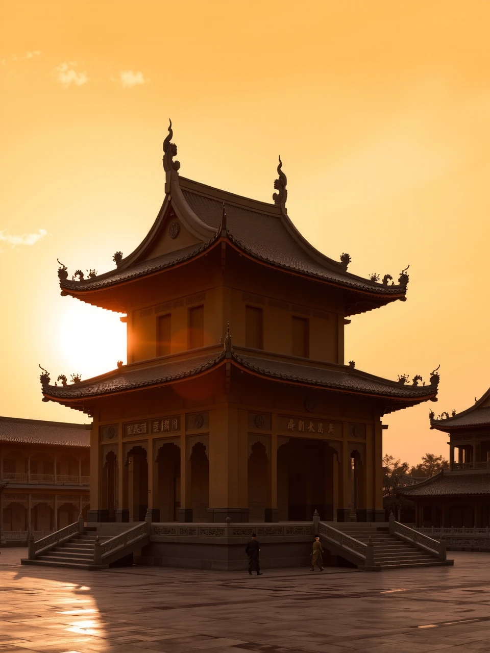 Altar and Temple Architecture: An illustrative depiction of a traditional Chinese altar or temple, a testament to China's deep-rooted cultural heritage, under the serene backdrop of a setting sun.
The image presents a well-preserved altar or temple, a symbol of ancient Chinese architecture, standing in its full glory against the warm, golden light of the sunset. The structure, with its sweeping roof, intricate carvings, and balanced proportions, is bathed in the soft glow of the declining day, highlighting the temple's historical and spiritual significance.
The temple's silhouette is accentuated by the sunset, creating a striking contrast between the ancient stonework and the vibrant sky. The scene evokes a sense of reverence and tranquility, encapsulating the essence of China's architectural and cultural legacy.
This portrayal captures the timeless beauty of altar and temple architecture in China, with the sunset serving as a metaphor for the enduring spirit of Chinese tradition and the passage of time. The image conveys a deep appreciation for the artistry and craftsmanship of ancient Chinese builders, and the enduring relevance of these sacred structures in contemporary society.