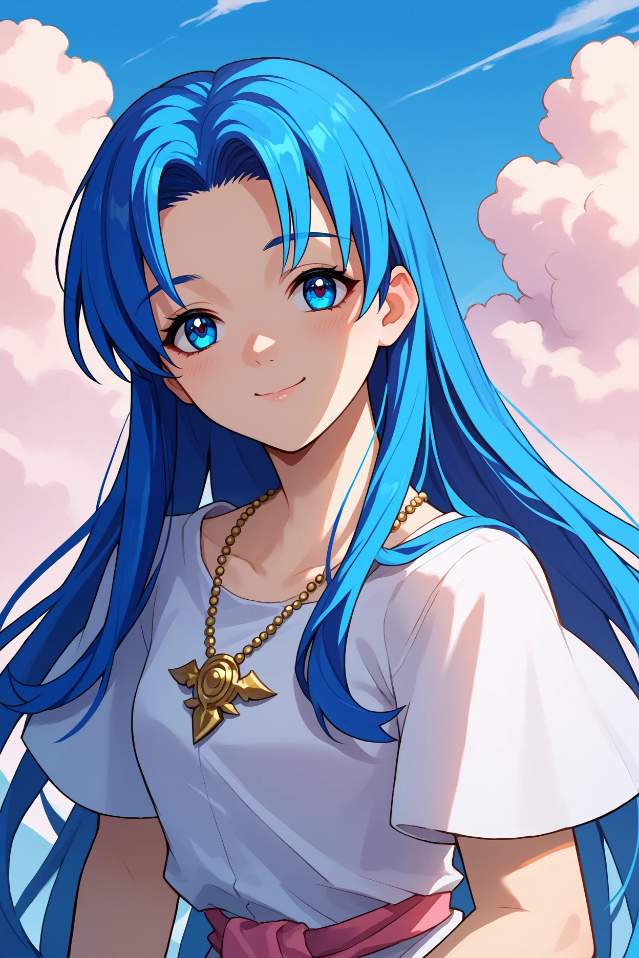 score_9, score_8_up, score_7_up, score_6_up, source_anime, 1girl, solo,  <lora:ysfeena-pdxl-nvwls-v1-000004:1> ysFeena, blue hair, very long hair, blue eyes, necklace, white robes, short sleeves, pink sash, looking at you, smile, happy, closed mouth, upper body, blue sky, clouds, village