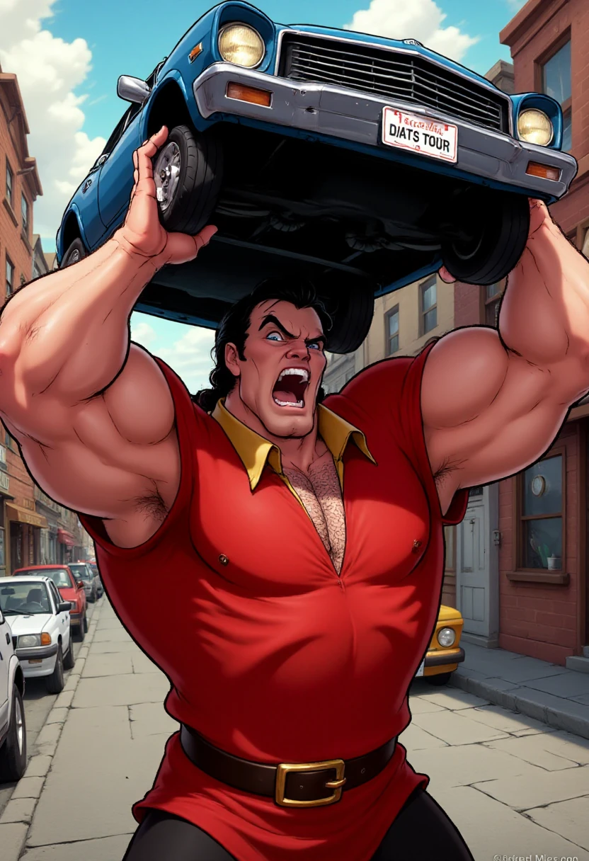 Muscular, angry, red-faced Gaston, lifting a car over his head in the streets.   <lora:Gaston_-_Beauty_and_the_Beast_F1D-000018:1.3>