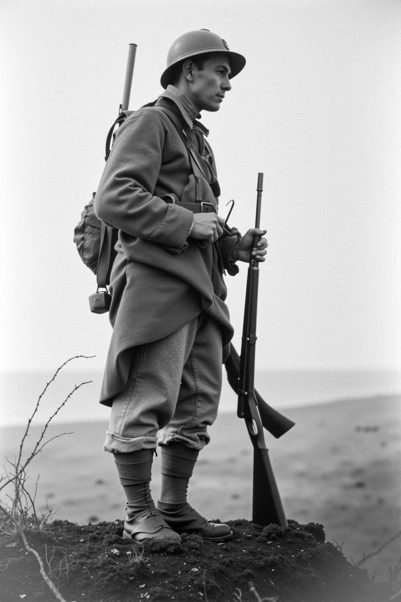 A Poilu stands at the top of a small hill, silhouetted against the gray sky. His rifle is slung over his shoulder, and his uniform, though battered and torn, clings to him in the cold wind. His face is turned toward the horizon, but his eyes are distant, as if seeing something far beyond the landscape in front of him. His helmet casts a shadow over his gaunt features, hiding the full extent of his weariness. The ground around him is barren, a wasteland of craters and barbed wire, and the only sound is the wind whistling through the emptiness. <lora:french_soldier_flux_v1:1>