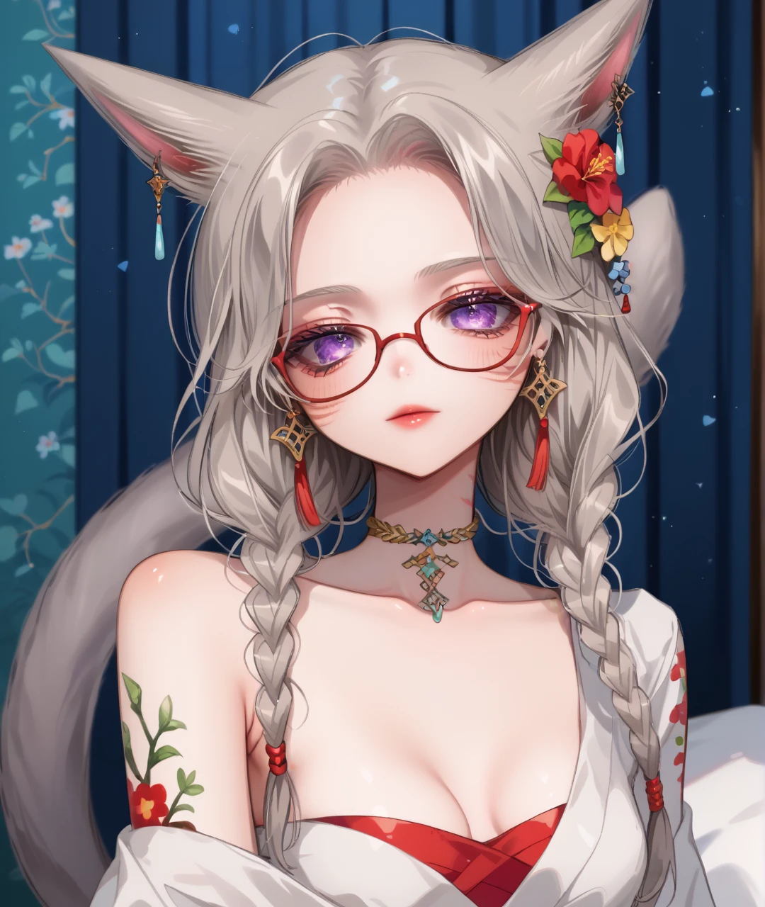 score_9, score_8_up, score_7_up, score_6_up, source_anime,bedroom, on bed,
BREAK
1girl, miqo'te, animal ears, solo, glasses, braid, twin braids, cat ears, purple eyes, tail, cat tail, tattoo, warrior of light \(ff14\), long hair, cat girl, sarashi, looking at viewer, grey hair, upper body, chest sarashi, breasts, red-framed eyewear, arm tattoo, neck tattoo, jewelry, hand up, cleavage, single bare shoulder, collarbone, earrings
 <lora:kcc:1>