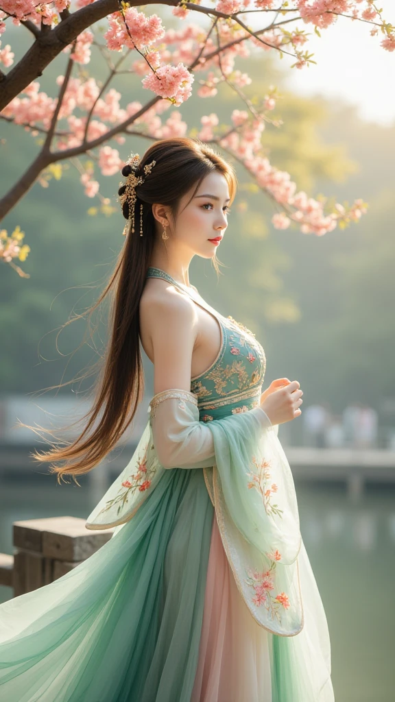 1qqq,realistic,best quality,masterpiece,highres,(exquisite body:1.5),gorgeous face,(milky skin:1.3),intricate details,high resolution,wallpaper,1girl,solo,dress,hair ornament,(((green and pink dress))),flowers,long hair,brown hair,closed mouth,jewelry,long sleeves,wide sleeves,big eyes,floating hair,chinese clothes,hanfu,embroidery,long skirt,natural pose,bridge,river,16K,HDR,highres,depth field,(film grain:1.1),boken,golden hour,(lens flare),vignette,rainbowing,(color grading:1.5),(large breasts:1.2),full body, Oil paper umbrella