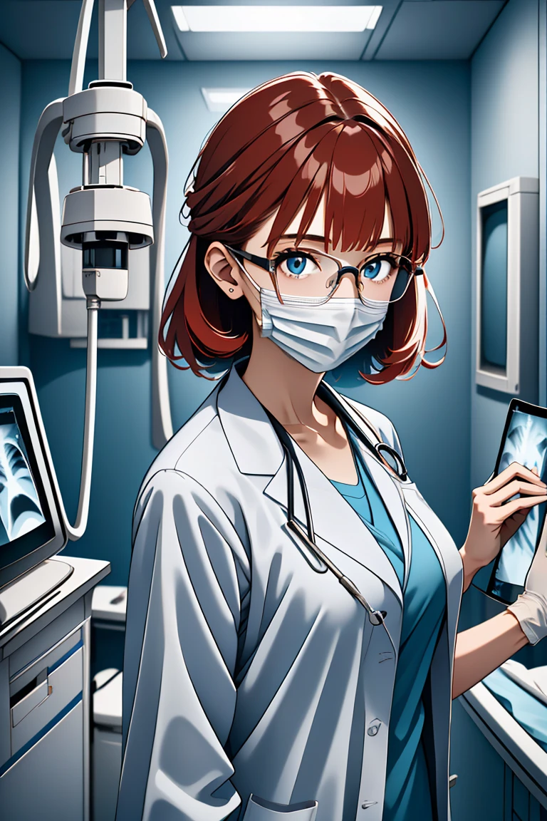 (RAW photo, best quality,facing the viewer,from front), operating room, overhead surgical light,blurred background, focused, dithering,backlighting,
 <lora:CMC_Laura_Marino_V1.0:0.7> cmc924, laura marino, 1girl, solo,red hair,glasses, 
<lora:CM_Doctor_Checking_Xray_V2.0:0.9> doctor xray, 1girl, solo, surgical mask, doctor, looking at viewer, labcoat,xray,