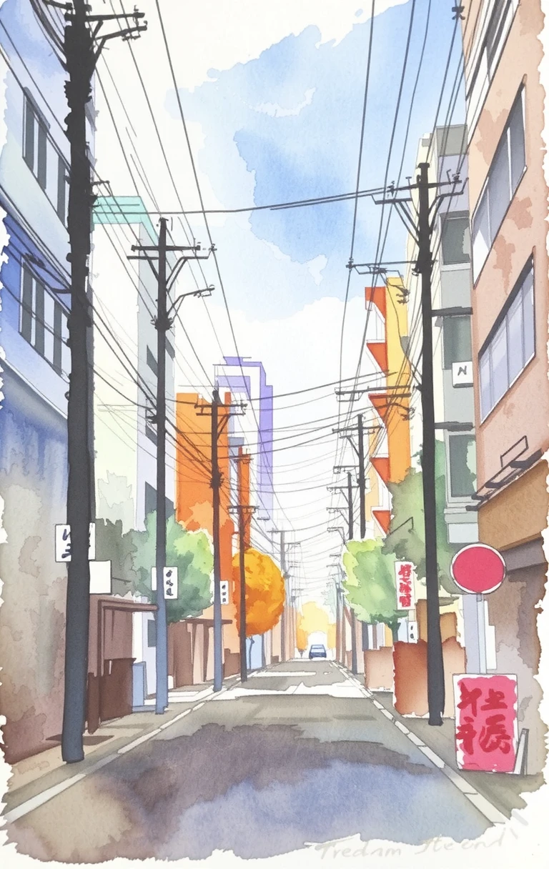 watercolor painting a street in tokyo