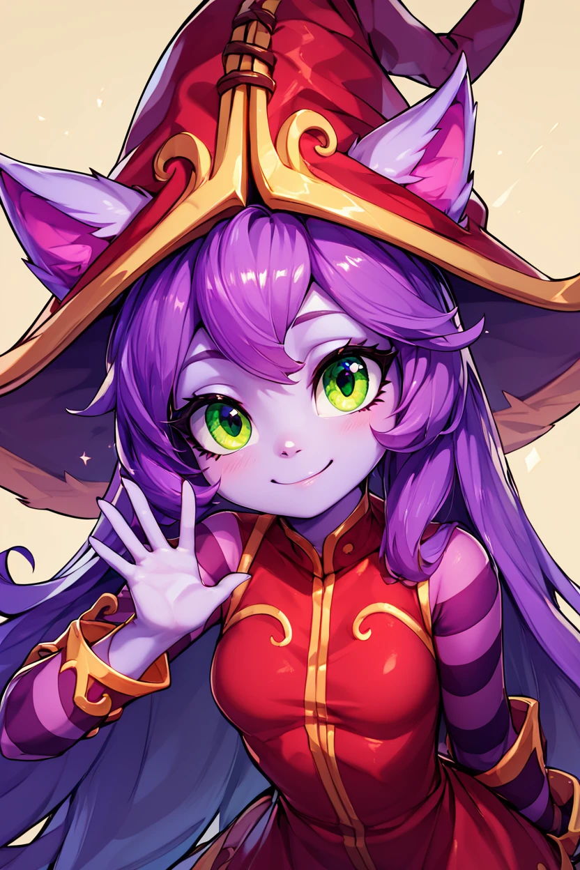 score_9, score_8_up, score_8, medium breasts, (curvy), cute, eyelashes,       BREAK, ,  <lora:LuluLeagueoflegendsPDXL:0.8>, zzLulu, long hair, bangs, animal ears, green eyes, purple hair, colored skin, purple skin, long sleeves, hat, dress, red dress, red headwear, ears through headwear, striped sleeves, yordle,, BREAK, looking at viewer,  smile, waving, upper body, leaning forward, head tilt,  embedding:zPDXL, Expressiveh, <lora:CatalystStylePDXL:0.6>,  <lora:SDXLFaeTastic2400:0.5>,  <lora:Expressive_H-000001:0.4>,