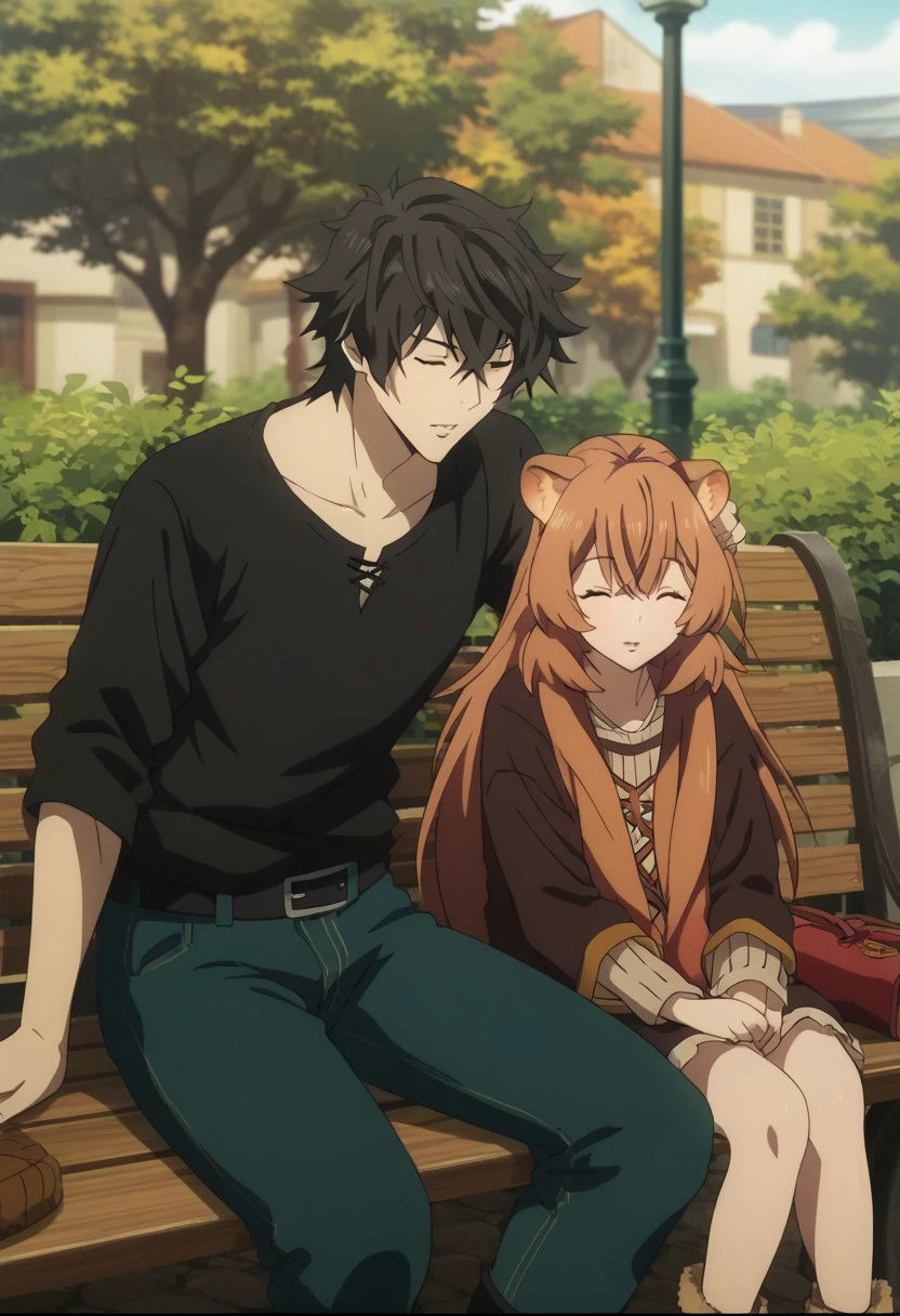 score_9, score_8_up, score_7_up, source_anime, rating_safe, NaofumiSH, closed eyes, black_Naofumi_hair, jeans, 1boy, couple focus, anime screencap, raphtalia, brown_Raphtalia_hair, brown-yellow_Raphtalia_raccoon ears, clsoed eyes, 1girl, female child, anime screencap, casual clothes, sibling, closed eyes, sleeping, parted lips, sitting, blurry outdoor park, bench,