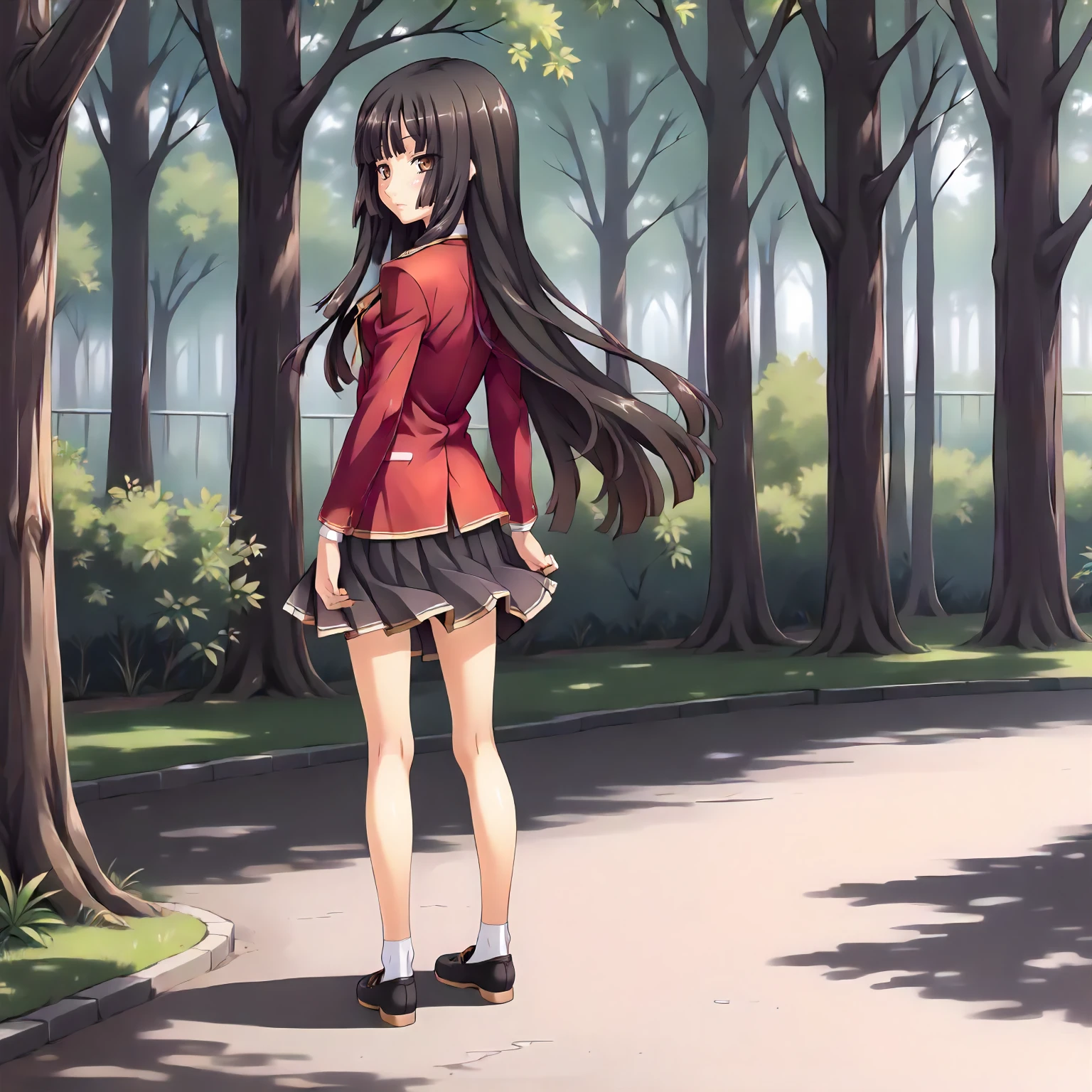 <lora:SDG_HiyoriKozakuraXLpony001>,
outdoors,nature,
solo,
HiyoriKozakura,1girl,black hair,long hair,hime cut,brown eyes,
school_uniform,red jacket,
pleated_skirt,
full body,standing,looking back,