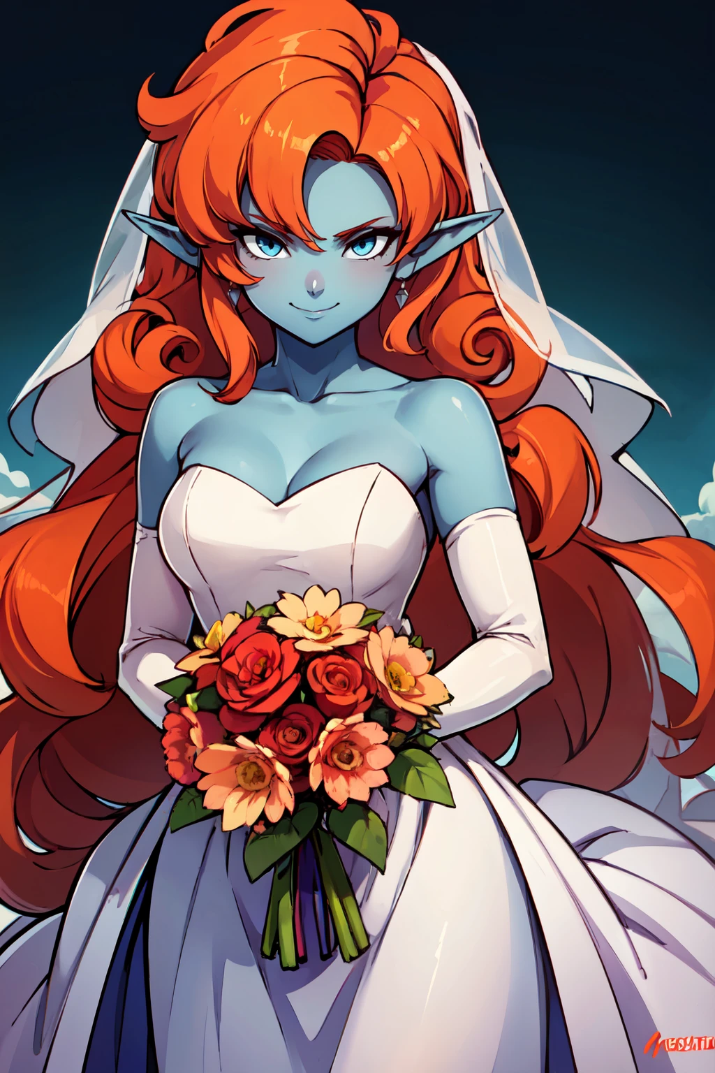 ((masterpiece,best quality)), absurdres, BREAK, , <lora:ZangyaDB_v2:0.7>, zZangya, blue eyes, blue skin, pointy ears, orange hair, curly hair, long hair, big hair, , BREAK, bride, wedding dress, bridal veil, strapless dress, elbow gloves, holding bouquet,, BREAK, solo, smile, looking at viewer, cowboy shot,