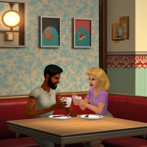 simsstyle, wide shot of a man and a woman having coffee together at a cafe