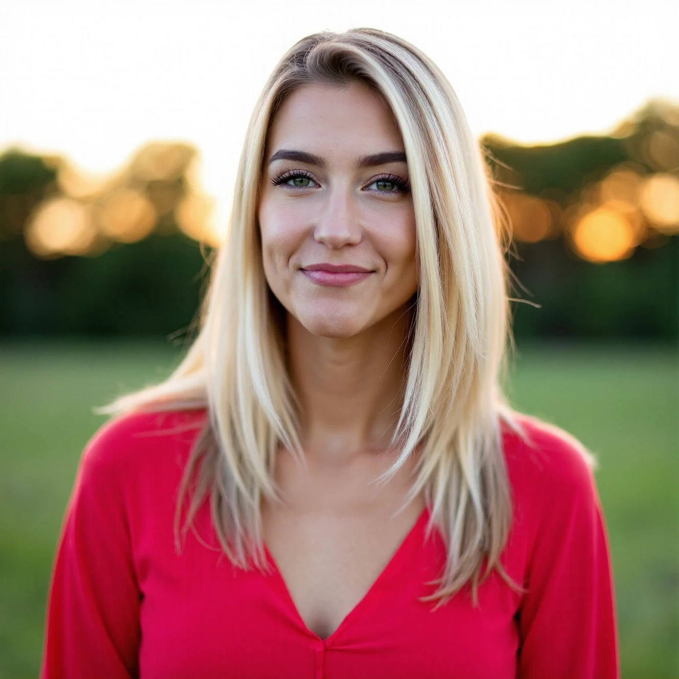 RAW photo, a candid full body portrait of a beautiful blonde 30 year old woman wearing a (red shirt) in early morning light, golden hour, natural sunlight, 8k uhd, dslr, soft lighting, high quality, film grain, Fujifilm XT3
 <lora:FLUX_polyhedron_all_1300:0.5> (pointy chin:1.5), (no cleft chin), (no chin dimple)   <lora:FLUX_polyhedron_chin_teeth_mouth-epoch000002:0.5>
 (dappled light on face), sun on skin, spotlight on face, pointy chin, tiny teeth, closed mouth, (no freckles:0.5), perfect eyes, glowing irises, even eyes, even pupils, round iris, detailed pupils, light reflections, visible cornea, blood vessels, (wet skin:1.1), (sweat:1.1), white winter skin, wax skin, marble skin, pale skin, clear skin, [[skin blemishes]], skin pores, blush, flushed cheeks, [[[[[moles]]]]], wrinkles, [[[[vitiligo spots]]]], [[whiteheads]], [[[blackheads]]], [pimples], perfect hands, shiny bright eyes, centered pupils, blood vessels in sclera, detailed skin, [[oiled shiny skin]], beauty spots, skin fuzz, sss, subsurface scattering, shine from within, hands off face, not asian
background is a meadow at sunrise