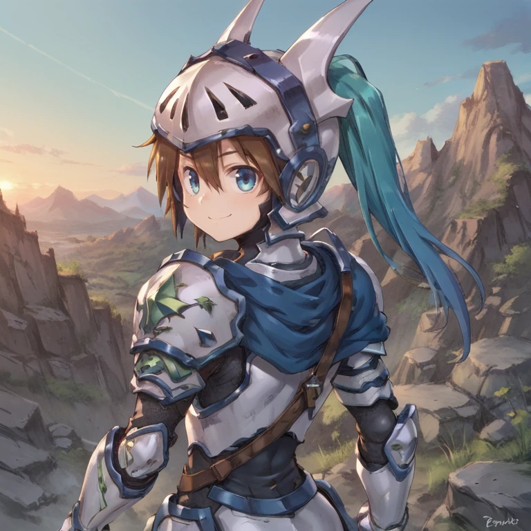 score_9, score_8_up, score_7_up, score_6_up, source_anime, BREAK, <lora:Durant:0.80>, durdef, 1boy, brown hair, short hair, hair between eyes, blue eyes, visor \(armor\), helmet, white armor, ((blue plume)), short blue cape, shoulder belt, single pauldron, shoulder armor, gauntlets, greaves, ((from behind)), looking back, ((solo)), smile, closed mouth, looking at viewer, exterior, mountain, cliffs, wasteland, sunset, <lora:backgroundsetXL:0.2> , background,   <lora:d4rkpurpXLP:0.3> , d4rkpurp,