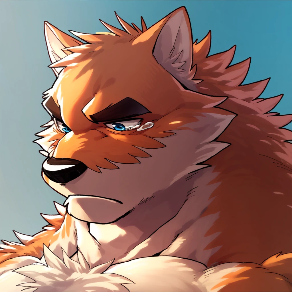 score_9_up, score_8_up, score_7_up, source_furry, takemoto_arashi-otake, furry male, solo, 1boy, orange fur, muscular, blue eyes, sad, cry,