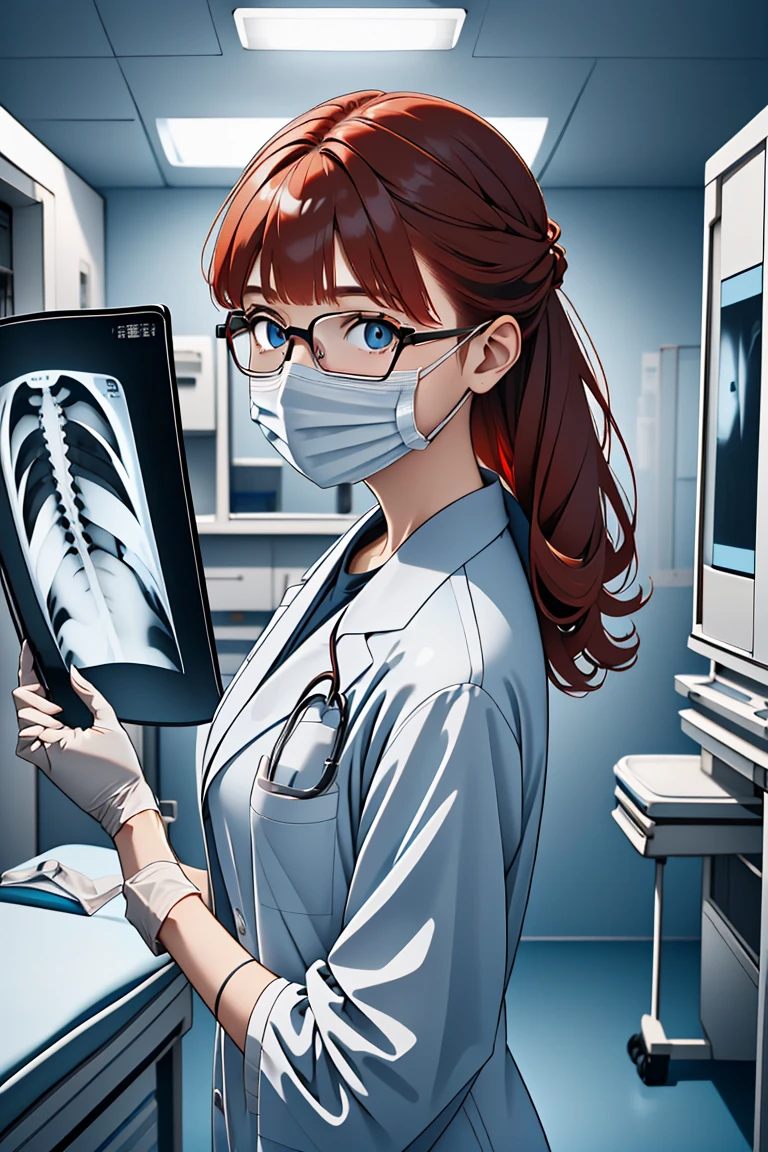 (RAW photo, best quality,facing the viewer,from front), operating room, overhead surgical light,blurred background, focused, dithering,backlighting,
 <lora:CMC_Laura_Marino_V1.0:0.7> cmc924, laura marino, 1girl, solo,red hair,glasses, 
<lora:CM_Doctor_Checking_Xray_V2.0:0.9> doctor xray, 1girl, solo, surgical mask, doctor, looking at viewer, labcoat,xray,